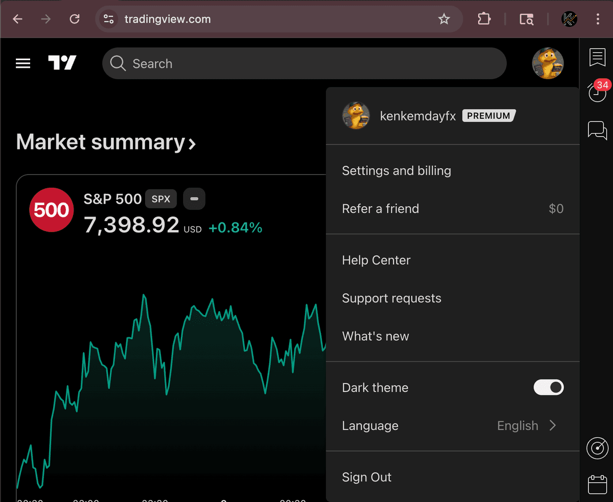 Desktop — top-right of TradingView.com: open the account menu to see your @username.