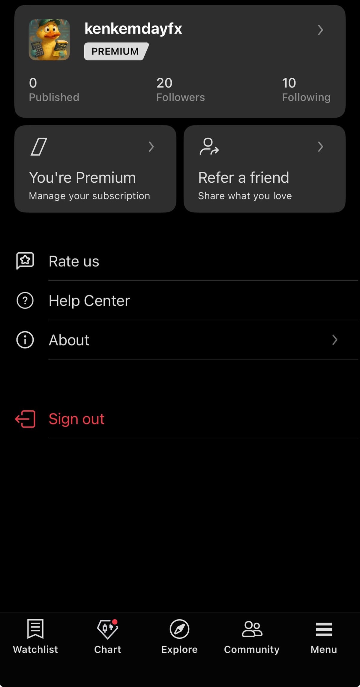 Mobile app — Profile tab: your @username sits under your display name.