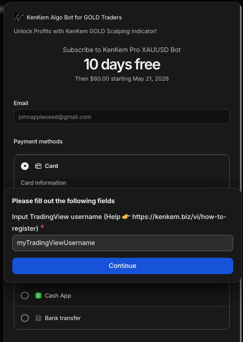 Whop checkout — the TradingView username field must be filled before the payment step.
