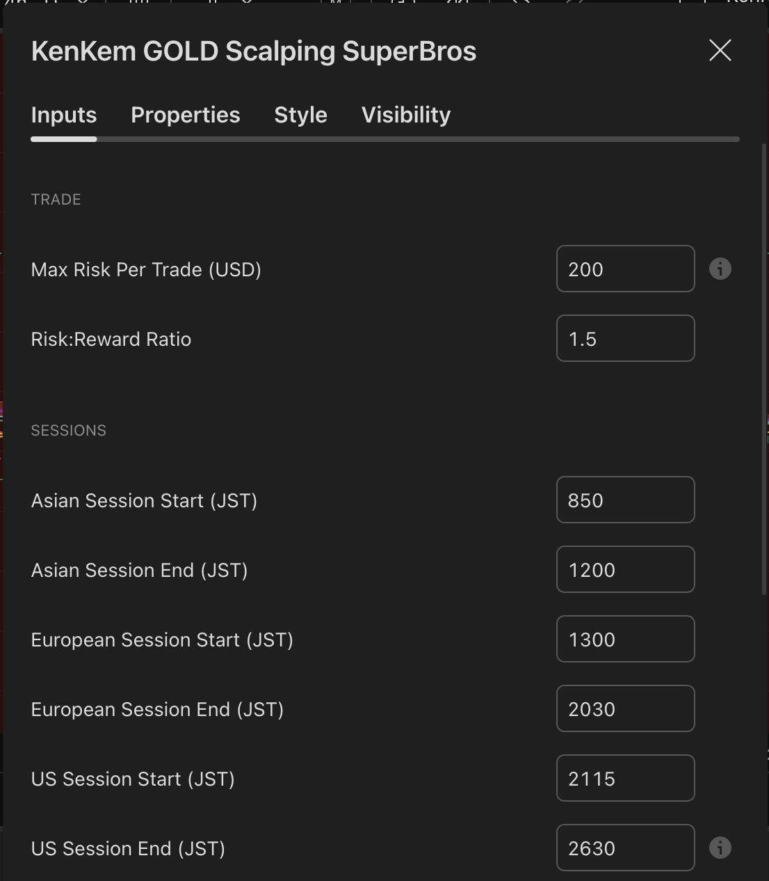 Risk USD, RR ratio and time configurations