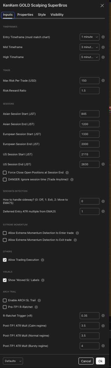 Inputs tab default settings